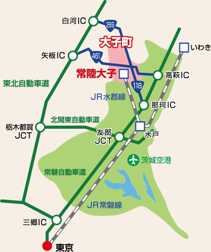 もりのいでゆは茨城県大子町にあります。電車ではJR水郡線常陸大子駅、お車では常磐自動車道那珂ICより国道118号を北上してください。